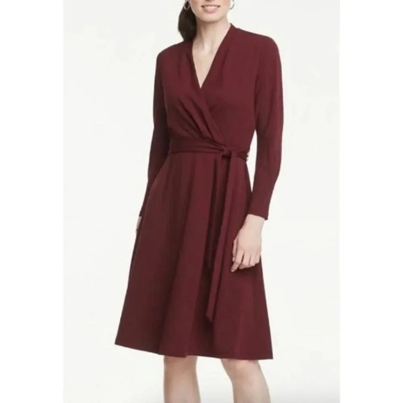 Ann Taylor Burgundy Red Wrap Front Long Sleeve Midi Dress S - Picture 1 of 4